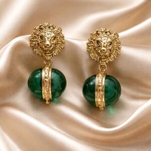 Elegant Vintage Gold and Green Lion Head Earrings